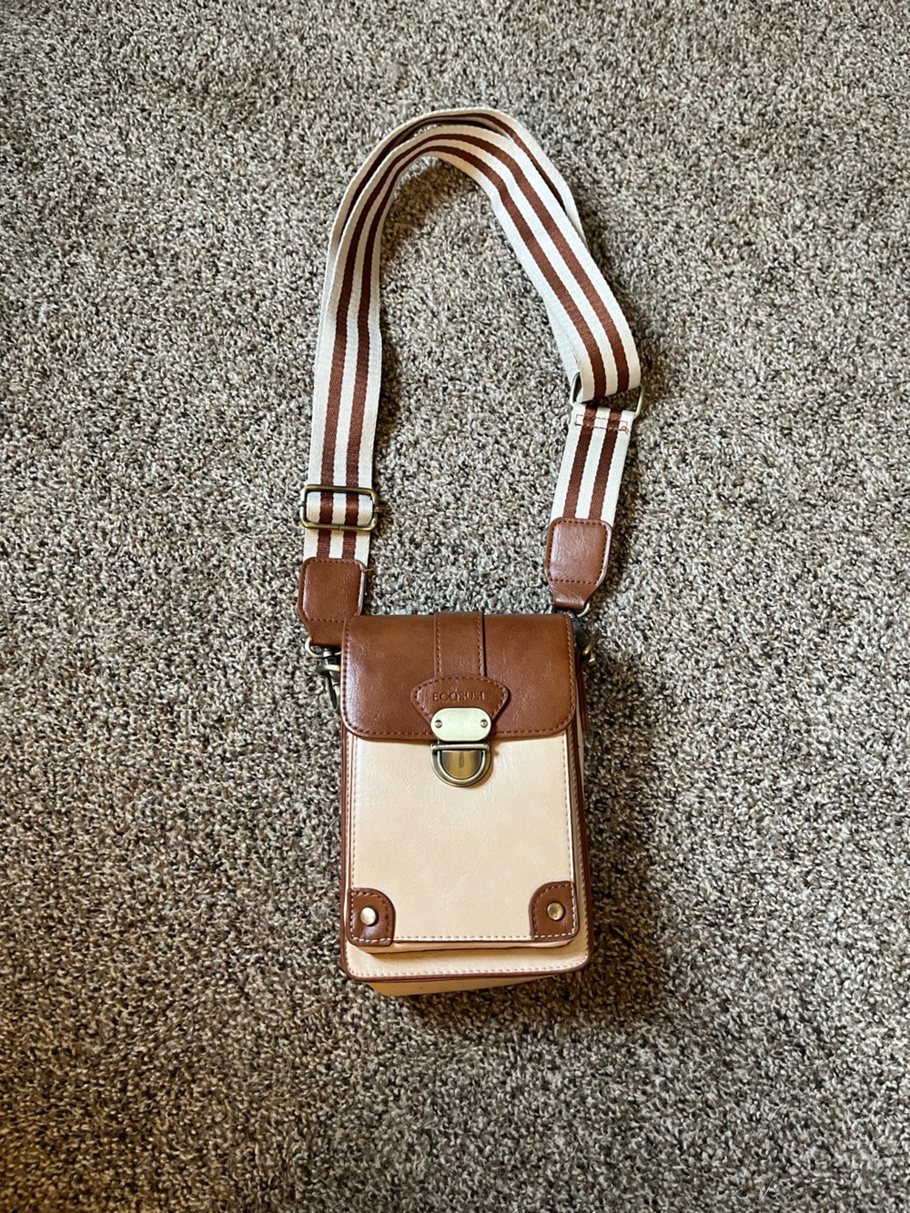 Two-Tone Brown and Cream Crossbody Shoulder Bag with Striped Strap